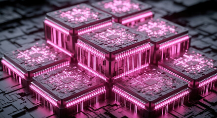 Futuristic pink-lit microchips arranged in a geometric pattern on a dark, intricate circuit board background