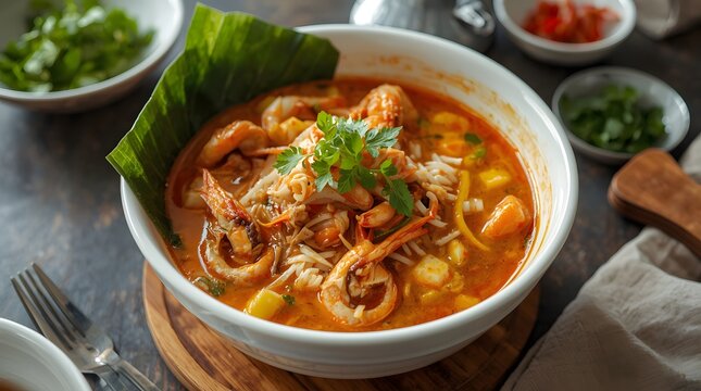 A tempting bowl of Nasi dagang Terengganu, showcasing succulent shrimp and vibrant, flavorful broth