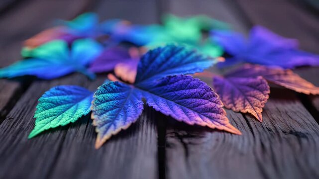 Vibrant Multicolored Leaves on Rustic Wooden Surface in Close-Up Focus, Capturing the Rich Textures and Dynamic Hues of Nature in a Serene Outdoor Setting During Daytime with Soft Lighting