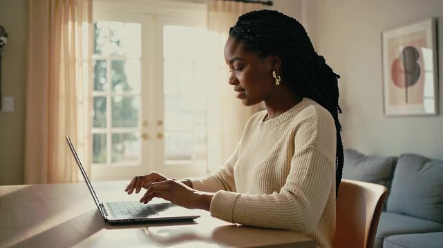 Smiling woman using laptop for remote work in cozy home office setting. Cyber Monday
