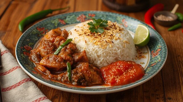 A plate of Terengganu's Nasi Dagang is served, featuring steamed rice, curry and spicy relish.