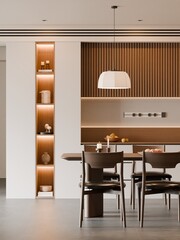 Modern Minimalist Dining Area with Warm Wood Accents and Contemporary Lighting - 3D Render
