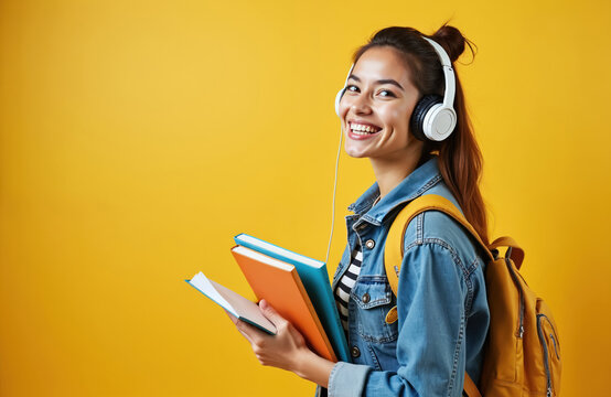 Young woman student with backpack and books stands on yellow background. She listens to music in white headphones and smiles. Female in denim shirt holds notebooks. Learner girl in casual clothes.