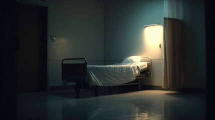 An empty hospital room with a bed, evoking feelings of tranquility and solitude in a medical environment.