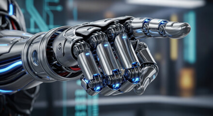 Futuristic robotic hand pointing, showcasing advanced technology in a high-tech environment