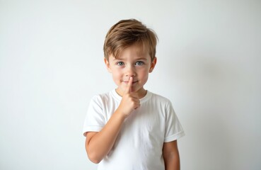 Cute little boy makes shush gesture, finger on lips. Asks for silence, keeping secret, sharing private info. Young blond child smiles gently at camera. Innocent kid poses in white studio backdrop.
