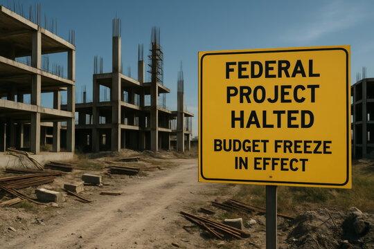 Federal project halted by government shutdown. Construction budget freeze in effect creating an abandoned site feeling