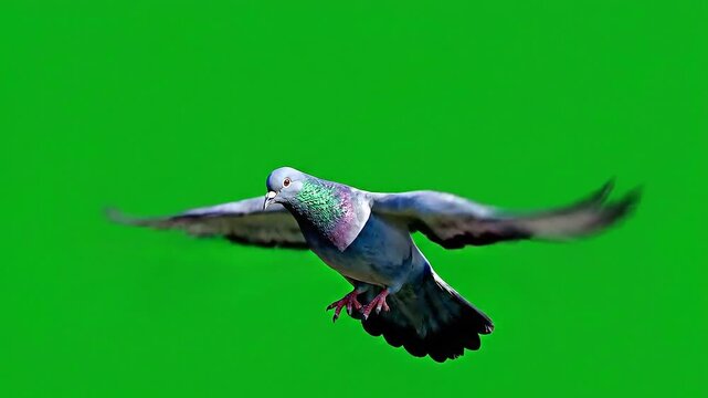 Flying Pigeon In Mid-Flight With Outspread Wings Against Green Screen Background Ideal For VFX And Creative Content