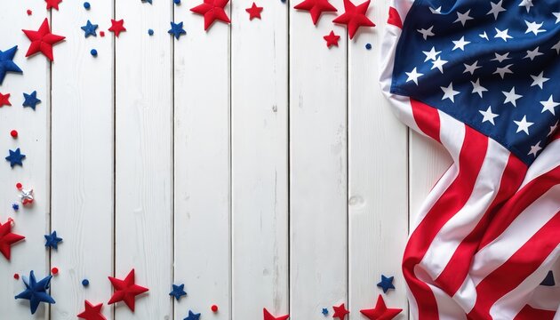 American flag fabric drapes on white wood background. Red blue stars, confetti adorn rustic planks. Simple elegant design celebrates national holiday events like July fourth, showing proud patriotic