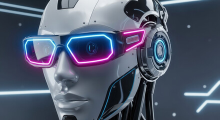 Futuristic robotic head with neon glasses showcasing advanced technology in a digital environment
