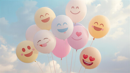 A delightful cluster of colorful balloons adorned with cheerful emoji faces, floating serenely against a soft, cloudy sky, symbolizing joy and happiness