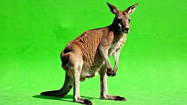 Full Body Shot of a Kangaroo Standing Upright on a Vibrant Green Screen Background
