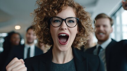 An enthusiastic businesswoman celebrates success in a corporate environment, showcasing team spirit and achievement.