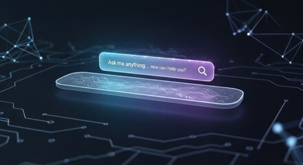 Futuristic search interface with glowing elements and digital connections on a dark background