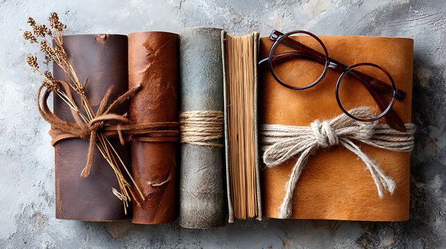 flat lay of vintage books, leather notebook, and quill pen on wooden table, evoking timeless writing and classic literature