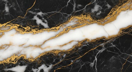 Luxurious Black and White Marble Texture with Golden Veins.