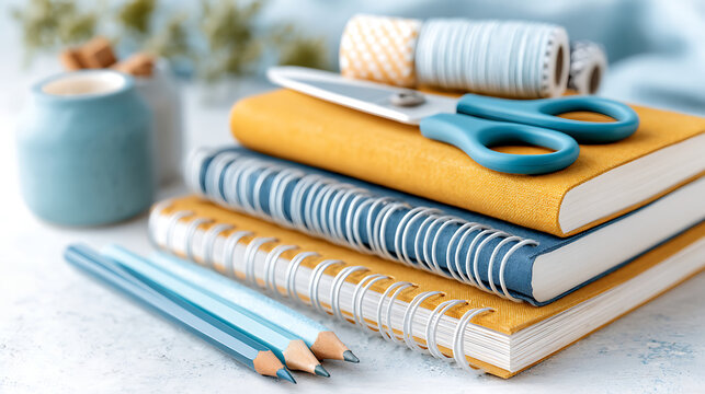 stack of colorful notebooks and textbooks on a classroom desk, symbolizing organization and enthusiasm for learning