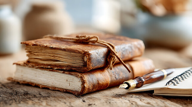 flat lay of vintage books, leather notebook, and quill pen on wooden table, evoking timeless writing and classic literature
