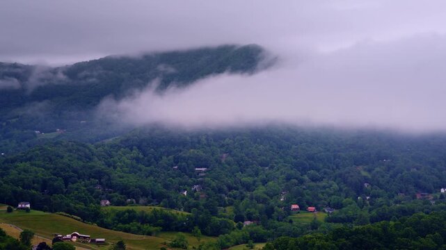 Cinematic shot showcasing a serene, misty valley nestled in the Smokies.
