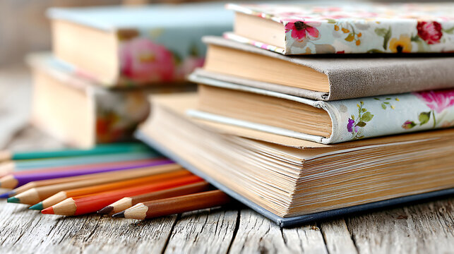 artist’s sketchbook open beside illustrated books and colored pencils, representing creativity, design, and artistic inspiration - Powered by Adobe