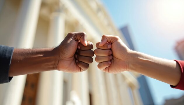 Close-up of diverse hands fist bump. Team members demonstrate unity, celebrate success. Colleagues show support, trust. Symbol of collaboration between people in front of classic building under blue