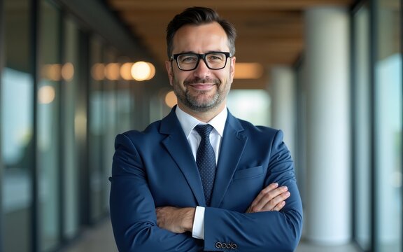 A confident businessman standing in a modern office with his arms crossed, wearing a blue suit and glasses, with a blurred background of glass windows and a light fixture. High quality
