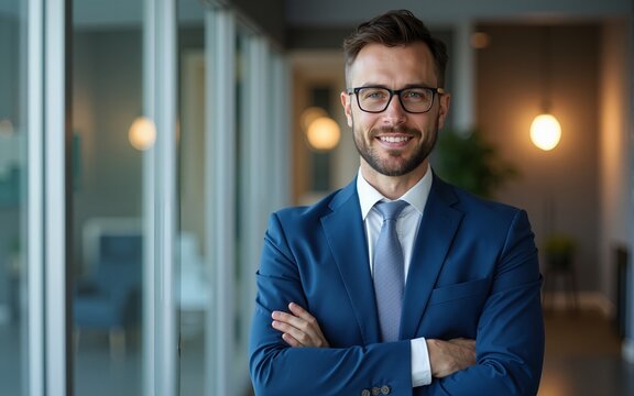 A confident businessman standing in a modern office with his arms crossed, wearing a blue suit and glasses, with a blurred background of glass windows and a light fixture. High quality