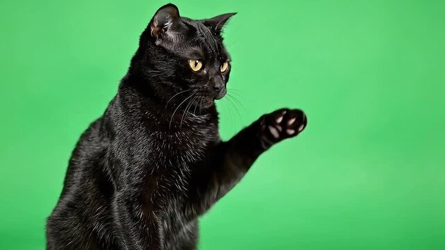 Glossy Black Cat With Bright Yellow Eyes Poses Playfully On Green Screen Background Studio Lighting