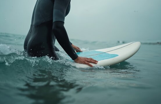Surfer enters ocean with board. Person in wetsuit holding surfboard in water. Surf activity at sea. Extreme sport in ocean wave. Man with surf equipment getting ready to surf.