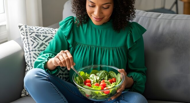 Fat woman eating healthy food.  shot of chubby plump overweight girl sitting on couch holding glass bowl of fresh vegetable salad. Healthy diet and weight loss concept