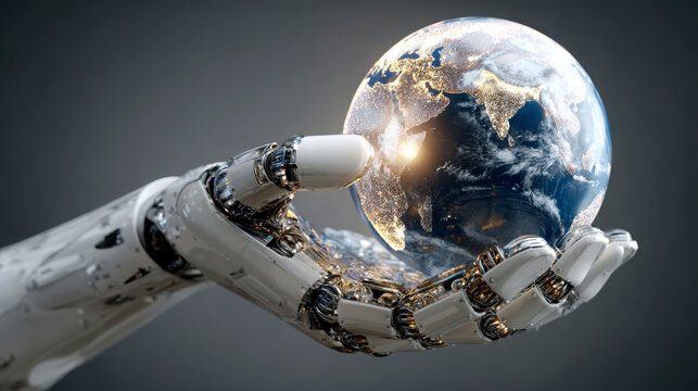 Mechanical arm holding a glowing earth, representing global technology