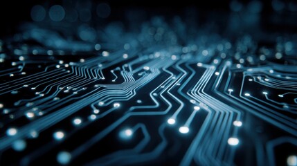 Close-up view of a modern circuit board showcasing intricate lines and glowing components.