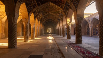 Stunning View of a Historical Mosque Interior with Arches and Detailed Pillars