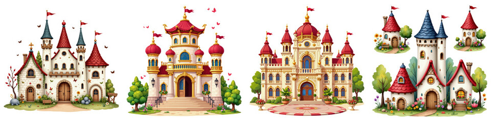 Fototapeta premium Garden fairy clipart with pink castle and isolate fantasy buildings in magical setting