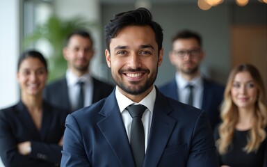 Portrait of handsome Asian Indian businessman leader in a suit standing confident in the office in front of his team. High quality
