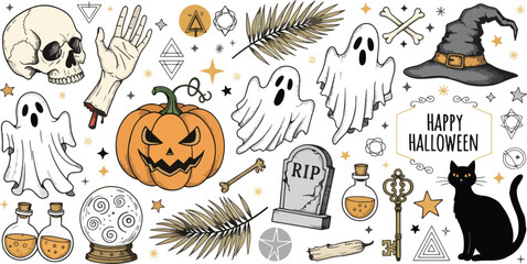 A spooky and whimsical halloween collection featuring a skull, severed hand, pumpkin, ghosts, witch hat, black cat, and other eerie elements