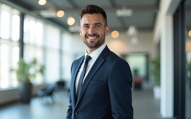 A half-body portrait of a male professional insurance expert, exuding trust and reliability, standing in a spacious and bright modern office setting. High quality