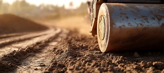 Road roller compacting soil on a construction site, ensuring a solid foundation for future development project