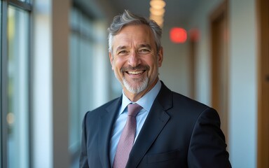 Smiling older bank manager or investor, happy middle aged business man boss leader, confident mid adult professional businessman executive standing in office hallway, mature entrepreneur portrait.