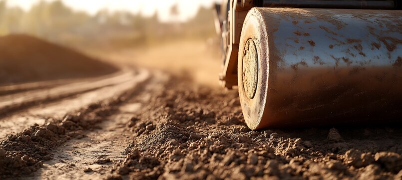 Road roller compacting soil on a construction site, ensuring a solid foundation for future development project