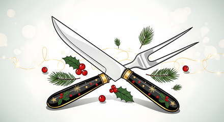 Festive Christmas Carving Set with Holly and Pine Needles