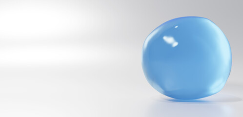 3D Illustration.Light blue liquid in a circle on a white background. Water droplets. Gel. Copy space. (Horizontal)