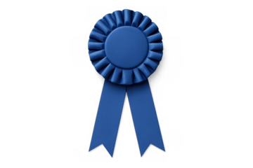 Blue award ribbon representing first place, achievement, success, and competition recognition, isolated on transparent background