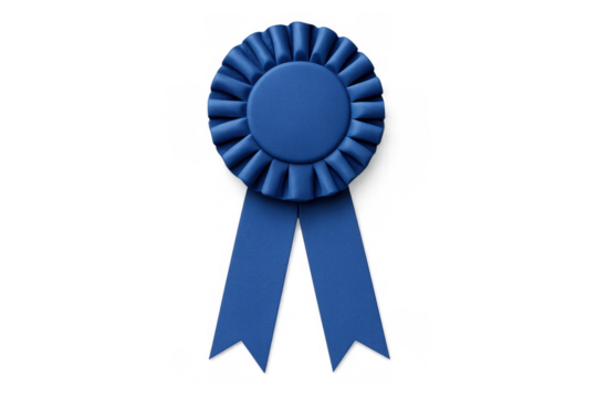 Blue award ribbon representing first place, achievement, success, and competition recognition, isolated on transparent background