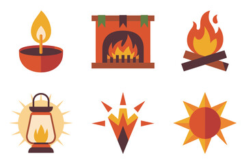 Outline color icons for spiritual light, illustrating candle, fireplace, sun, stars, and decorative paper lantern,
