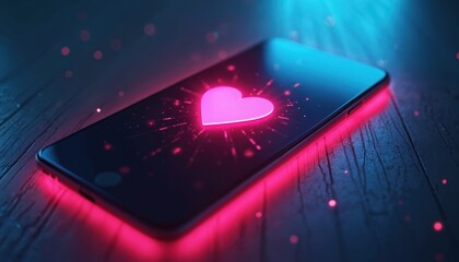 Phone screen displays glowing neon pink heart icon. Digital romance, love app, online dating concept. Modern tech interface with bright symbol of affection.