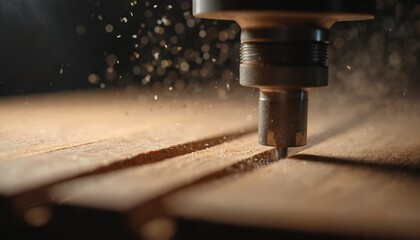 CNC machine bit cuts wood panel creating grooves. Sawdust flies around cutting tool. Precision manufacturing process for furniture or design.