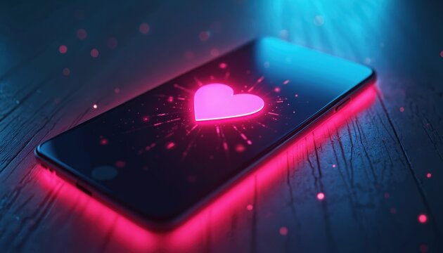 Phone screen displays glowing neon pink heart icon. Digital romance, love app, online dating concept. Modern tech interface with bright symbol of affection. - Powered by Adobe