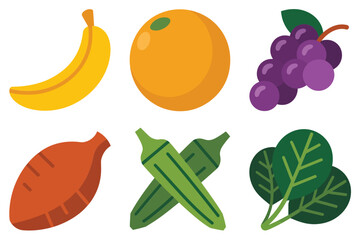 Outline color icons for harvest food, illustrating banana, orange, grapes, sweet potato, okra, and leafy greens,
