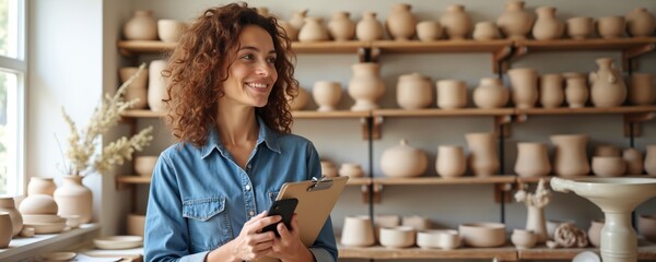 Woman ceramist smiles holding smartphone and clipboard in pottery studio. Shelves full of ceramic pots and vases. Small business owner manages inventory and online sales of her handmade clay products.